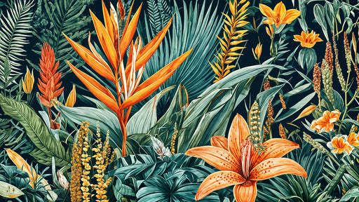 Papier peint jungle tropicale Feuillage luxuriant et fleurs exotiques