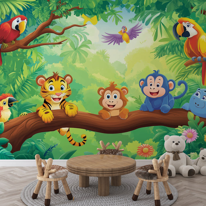 Papier peint jungle coloré avec tigre, singes et perroquets pour chambre d'enfant.