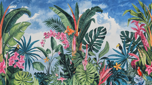 Papier peint tropical Forêt luxuriante et oiseaux exotiques