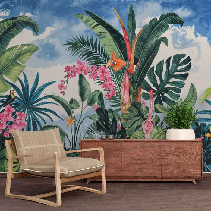 Papier peint tropical | Forêt luxuriante et oiseaux exotiques