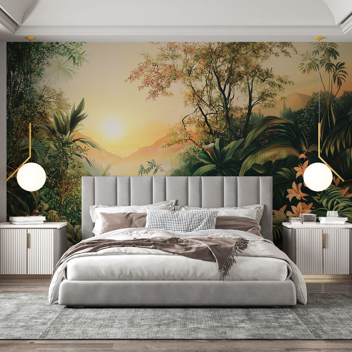 Papier peint panoramique jungle avec paysage tropical et coucher de soleil pour chambre moderne