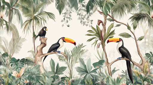 Papier peint tropical Jungle et toucans exotiques