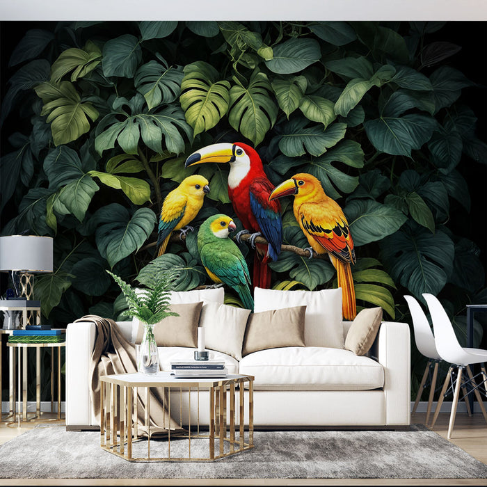 Papier peint tropical | Oiseaux exotiques et feuillage luxuriant