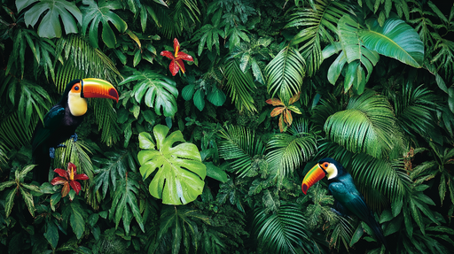 Papier peint jungle Toucan et Feuillage Tropical