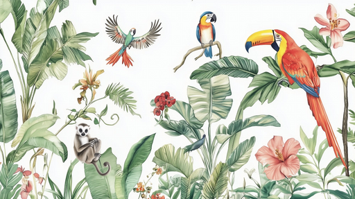 Papier peint tropical Jungle exotique et oiseaux colorés