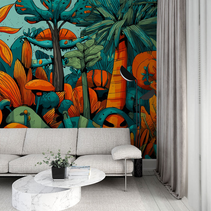 Papier peint jungle vibrante | Orange et turquoise