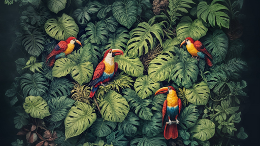 Papier peint tropical Motifs de toucans et feuillage luxuriant