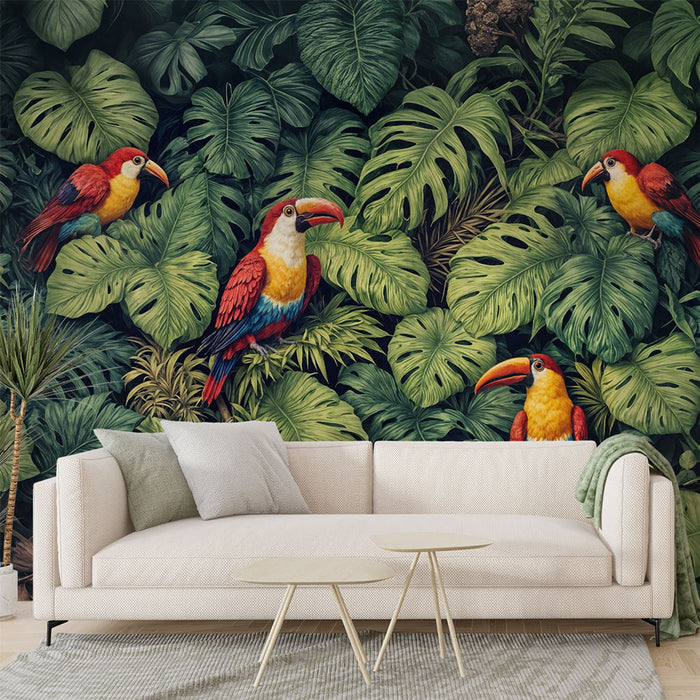 Papier peint tropical | Motifs de toucans et feuillage luxuriant