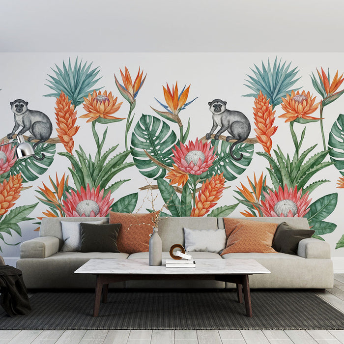 Papier peint jungle exotique | Singes et flore tropicale