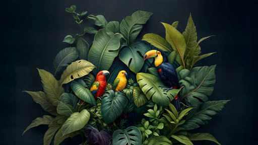 Papier peint exotique Toucan et perroquets sur fond de jungle