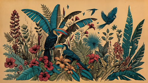 Papier peint tropical Oiseaux exotiques et fleurs luxuriantes