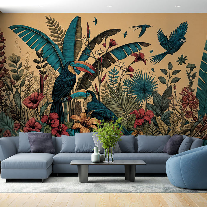 Papier peint tropical | Oiseaux exotiques et fleurs luxuriantes