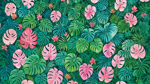 Papier peint tropical Feuilles luxuriantes et fleurs exotiques