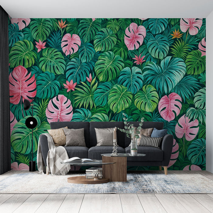 Papier peint tropical | Feuilles luxuriantes et fleurs exotiques