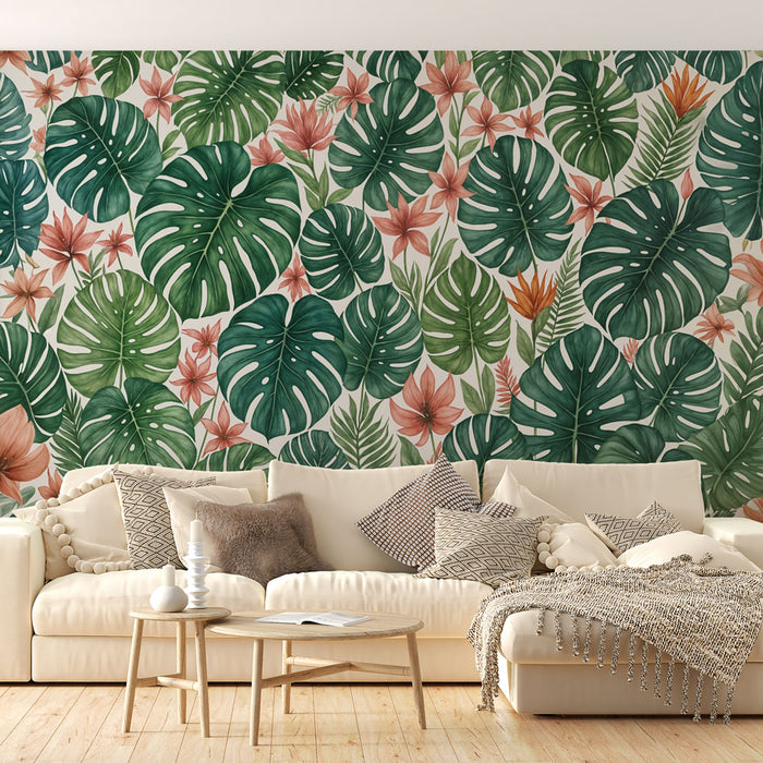 Papier peint tropical | Feuilles vertes et fleurs exotiques