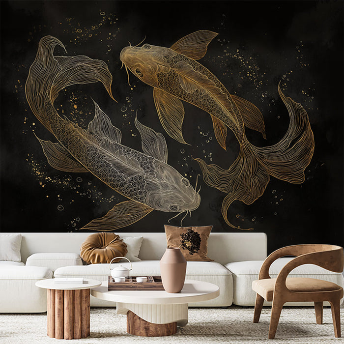 Papier peint poisson Koi | Élégance dorée et noire