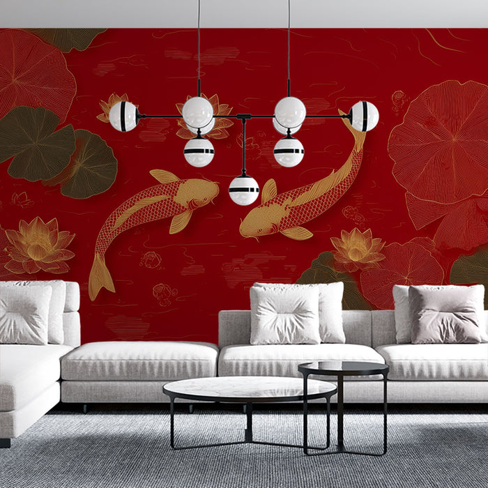 Papier peint carpes koi | Rouge et doré avec motifs aquatiques