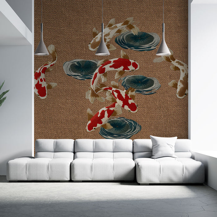 Papier peint carpes koi | Élégance aquatique sur toile de jute