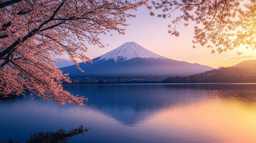 Papier peint Mont Fuji Cerisiers en fleurs au crépuscule