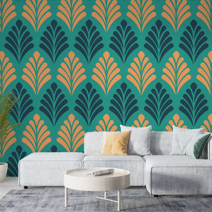 Papier peint géométrique | Motif Art Déco turquoise et jaune