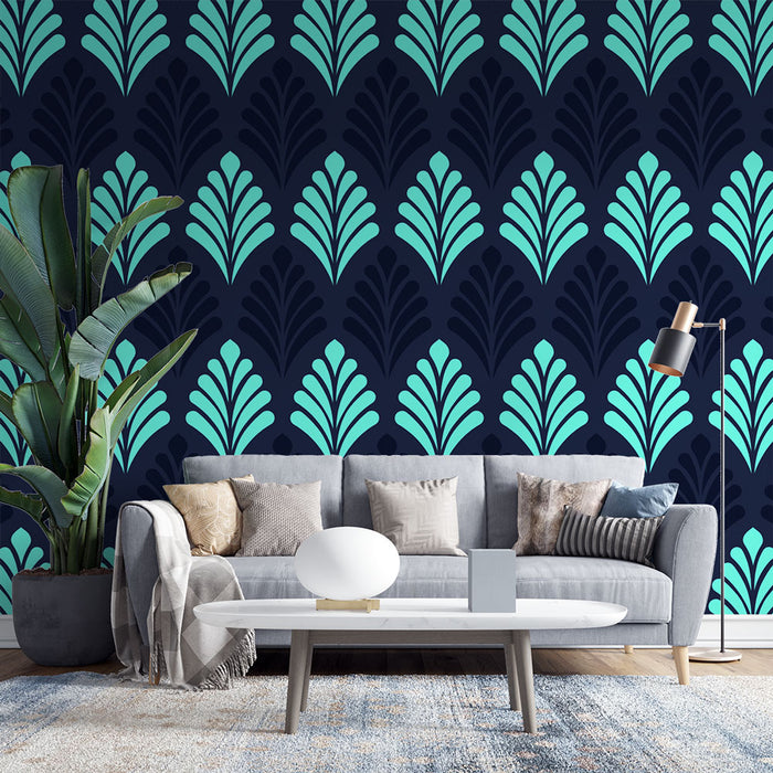 Papier peint feuilles art déco | Bleu et Turquoise