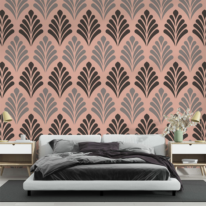 Papier peint art déco rose et noir avec motifs de feuilles pour chambre moderne