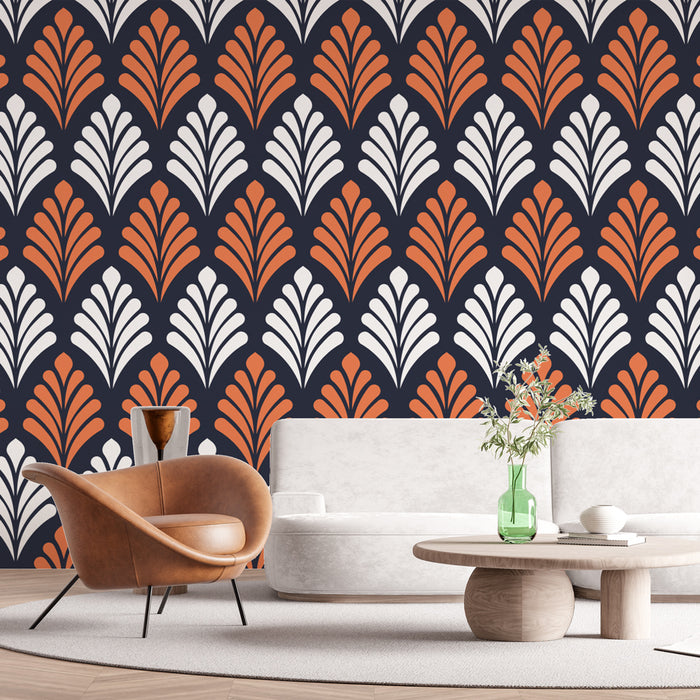 Papier peint Art déco | Motif géométrique orange et blanc sur fond noir