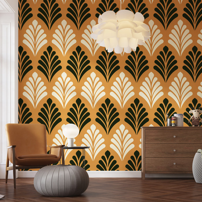 Papier peint rétro avec motifs de feuilles noires et blanches sur fond doré pour salon moderne