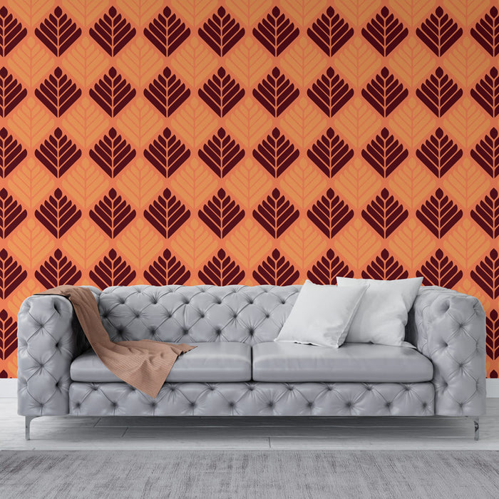 Papier peint feuilles | Motif graphique orange et marron