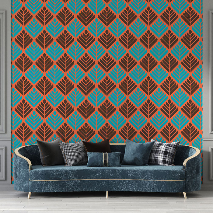 Papier peint géométrique | Motif rétro bleu et marron