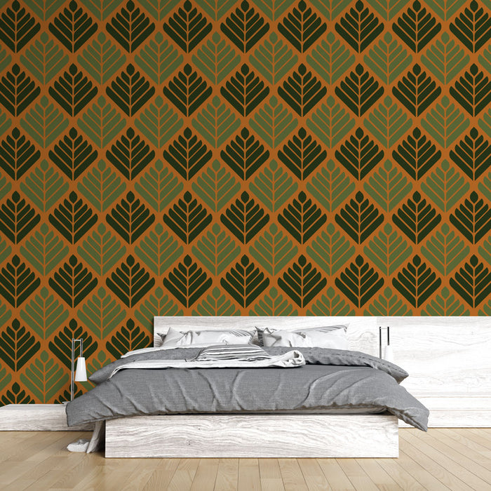 Papier peint feuillage | Motif géométrique vert et marron