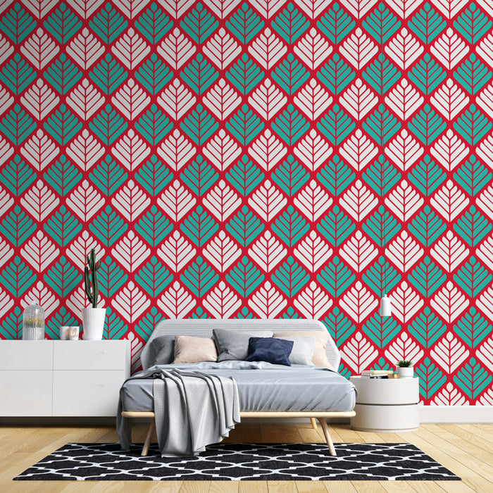 Papier peint géométrique | Motif feuilles en rouge et turquoise