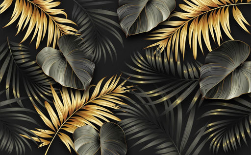 Papier peint tropical noir et doré avec de grandes feuilles exotiques aux motifs élégants, créant une ambiance luxueuse et moderne.