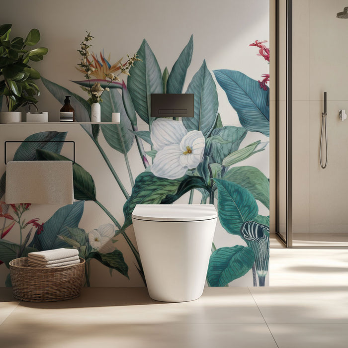 Papier peint toilette | Feuillage tropical luxuriant et fleurs éclatantes