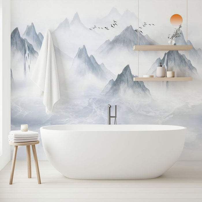 Papier peint salle de bain | Montagnes japonaises avec brouillard
