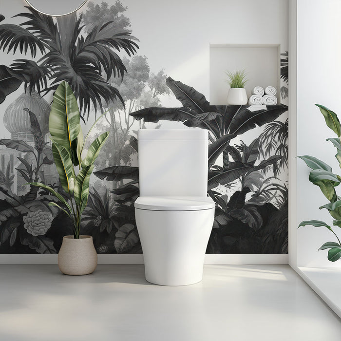 Papier peint toilette | Paysage tropical en noir et blanc avec architecture orientale