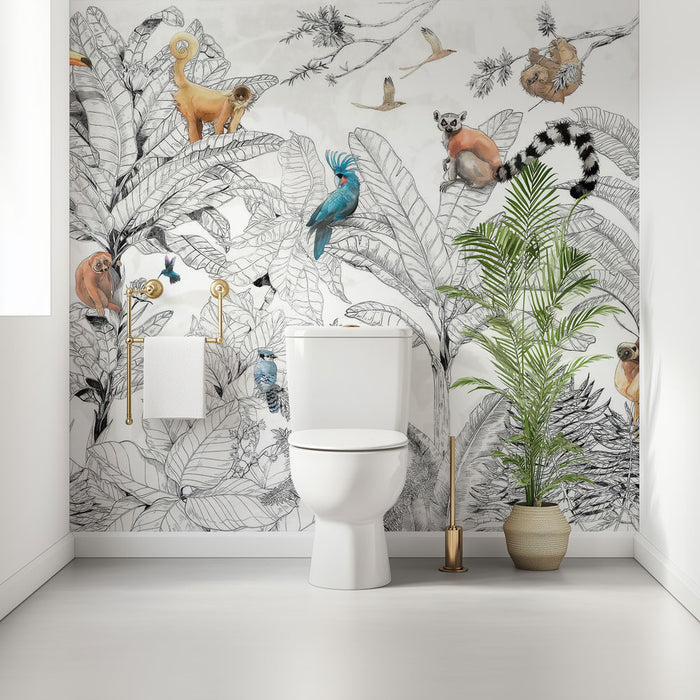 Papier peint toilette | Faune exotique et feuillage dessiné à la main