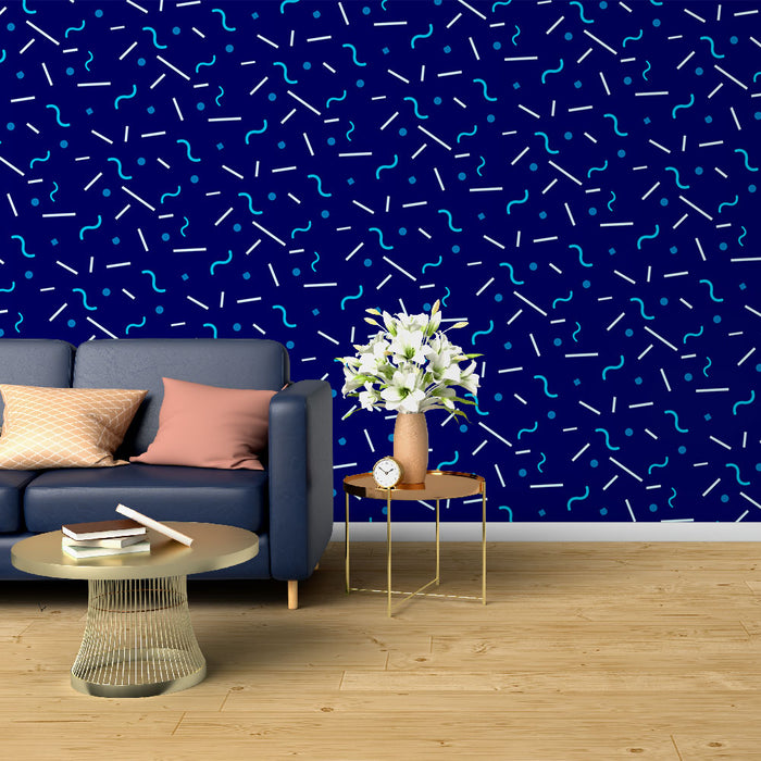 Papier peint bleu foncé avec motifs abstraits blancs et bleus pour salon moderne