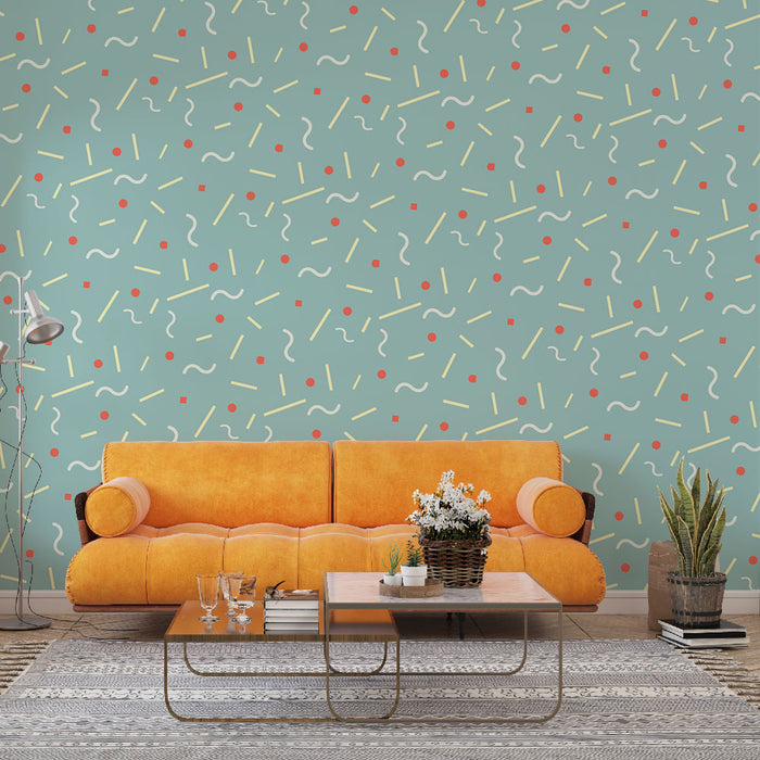 Papier peint vert menthe avec motifs abstraits colorés pour salon moderne