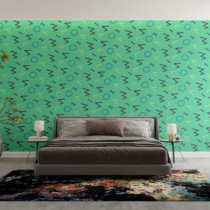 Papier peint motif rétro | Design turquoise et géométrique