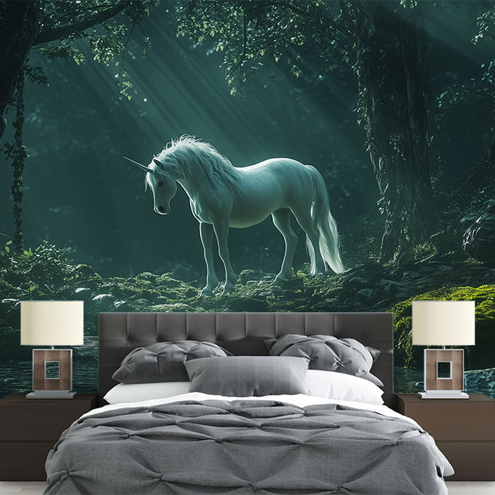 Papier peint forêt enchantée avec licorne blanche pour chambre adulte élégante