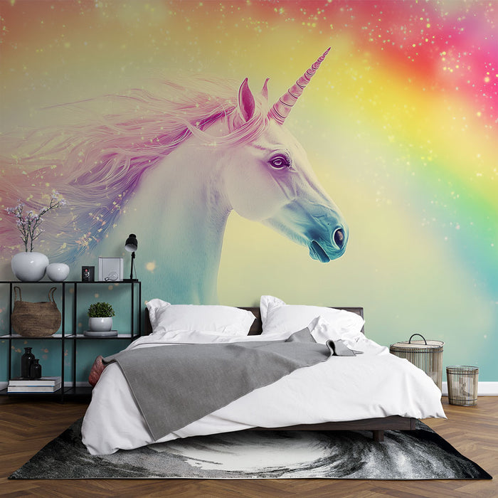 Papier peint licorne arc-en-ciel pour chambre enfant, décor féerique et magique