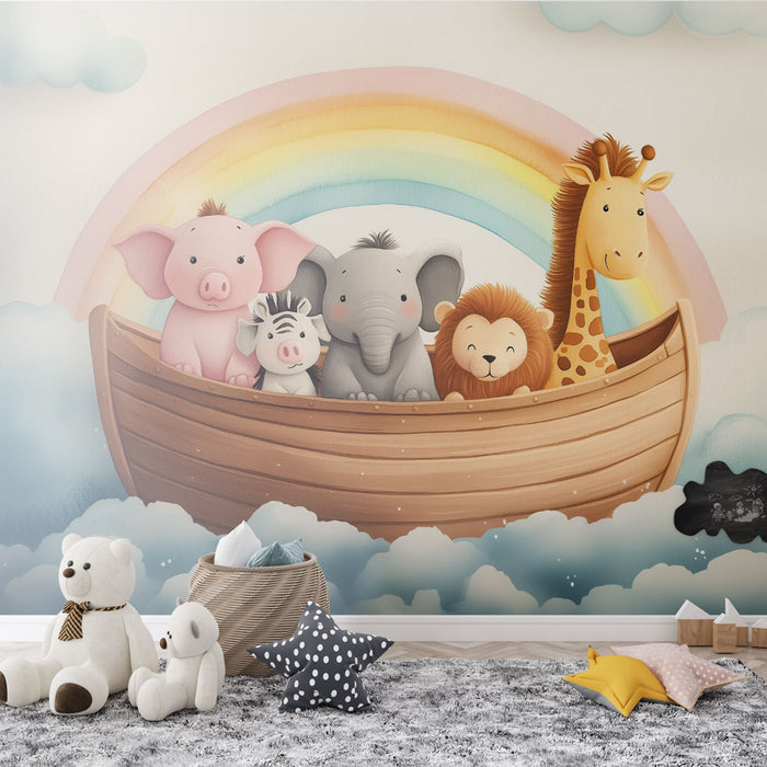 Papier peint enfant animaux | Décor mural aventure arc-en-ciel