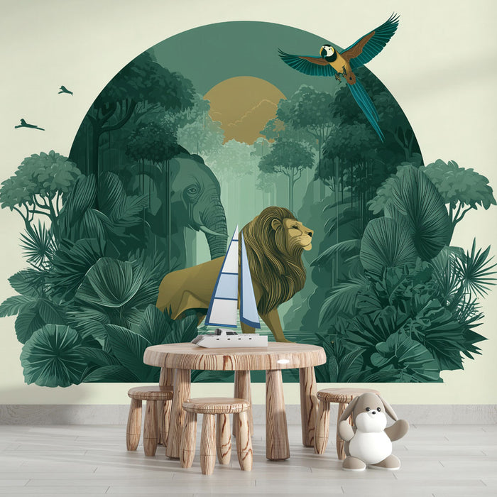 Papier peint jungle safari | Design exotique avec lion et éléphant