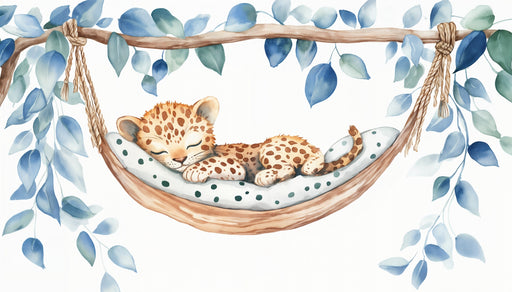 Papier peint animalier Petit léopard endormi et feuillage bleu