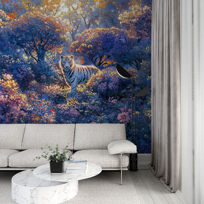Papier peint tigre fantaisie | Jungle onirique et florale