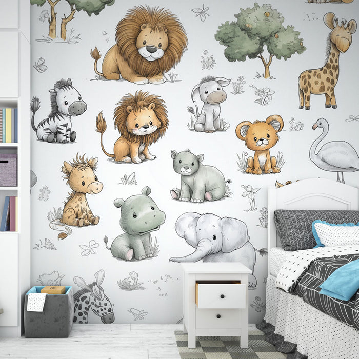 Papier peint animaux adorables | Safari pour chambre d'enfant