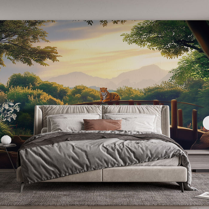 Papier peint paysage exotique avec tigre et montagnes pour chambre à coucher élégante