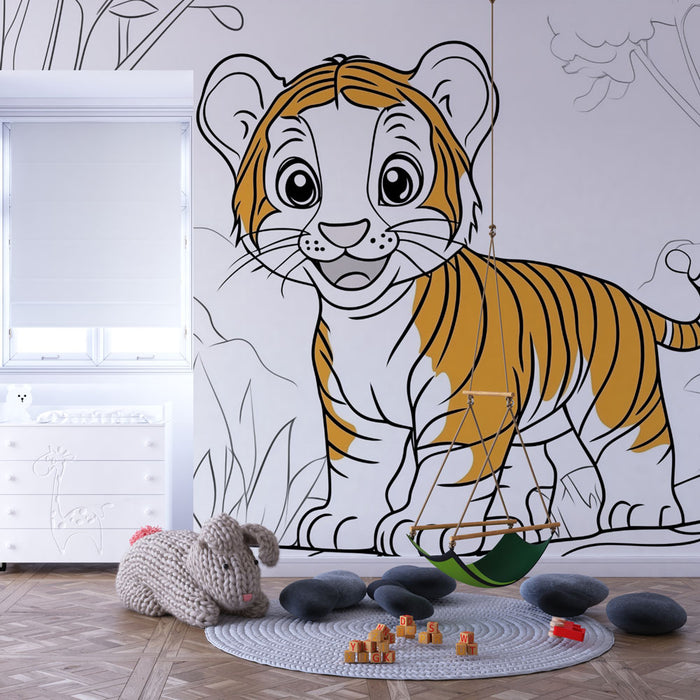 Papier peint tigre | Illustration adorable de tigreau dans la jungle