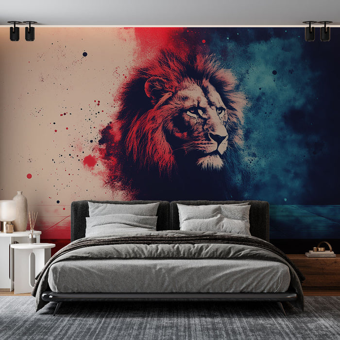 Papier peint artistique lion majestueux avec effet aquarelle rouge et bleu pour chambre moderne